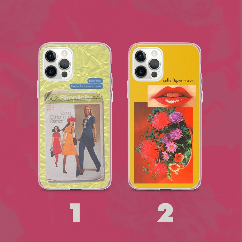 May include: Two iPhone cases with different designs. The first case is yellow with a vintage fashion pattern and the text "$502 Simplicity Young Contemporary Fashion". The second case is yellow with a red lip and a bouquet of red and purple flowers.