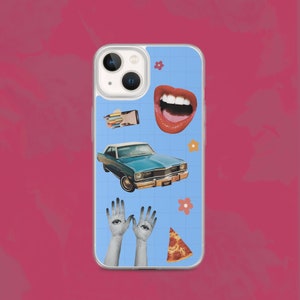 May include: A blue and white phone case with a collage of images including a car, a mouth, hands, a pizza slice, and flowers.