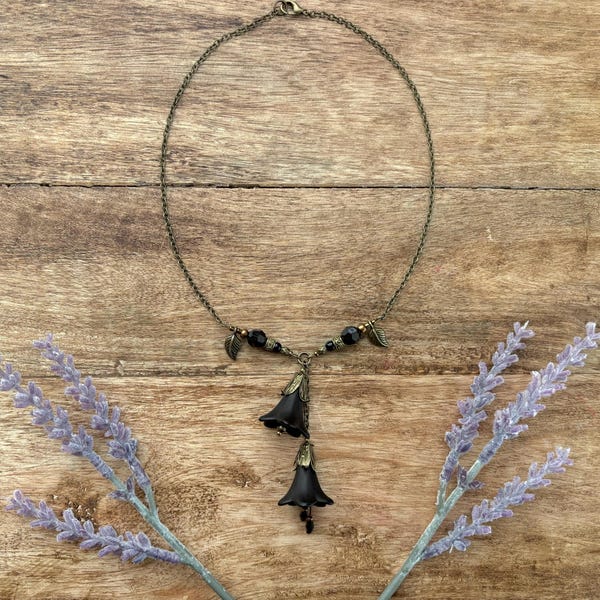 Whimsigoth Black Trumpet Flower Chandelier Necklace | Goth | Whimsical | Fairycore | Grunge