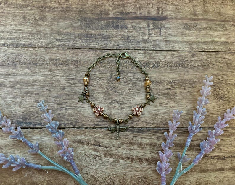 Whimsigoth Dragonfly Auburn Beaded necklace in Bronze | Fairycore | Whimsicle | naturalist | image 4
