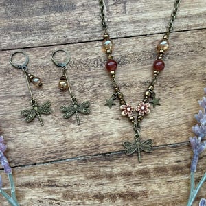 Whimsigoth Dragonfly Auburn Beaded necklace in Bronze | Fairycore | Whimsicle | naturalist | image 5
