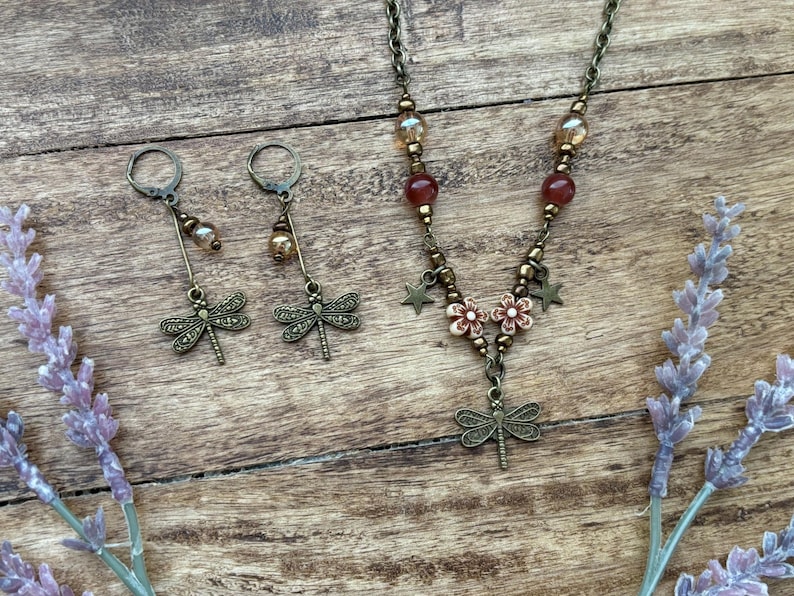 Whimsigoth Dragonfly Auburn Beaded necklace in Bronze | Fairycore | Whimsicle | naturalist | image 5