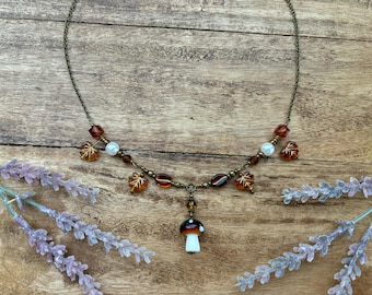 Whimsigoth Fall Maple Leaves Mushroom Beaded Necklace in Bronze | Goblincore | Cottagecore |