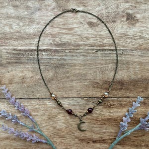 Whimsigoth Moon Burgundy Beaded necklace in Bronze | Fairycore | Whimsicle | naturalist |