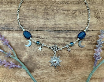 Sodalite Crystal Beaded Necklace Choker with Sun and Moon pendants in Silver | Fairycore | Whimsigoth | Wicca |
