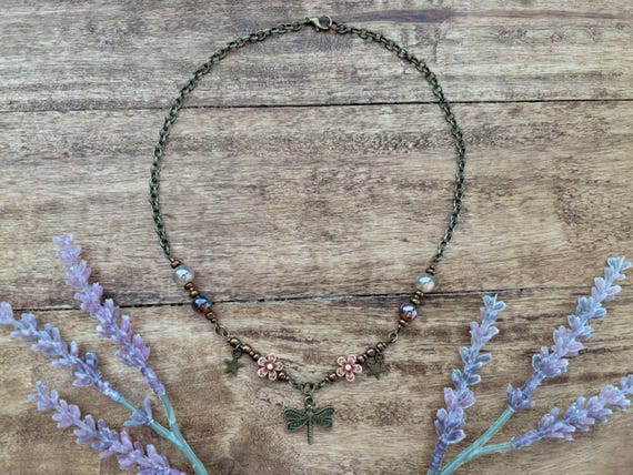 Whimsigoth Dragonfly Auburn Beaded necklace in Bronze | Fairycore | Whimsicle | naturalist |