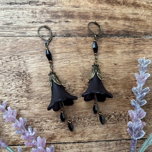 Whimsigoth Black Trumpet Flower Chandelier Earrings | Goth | Whimsical | Fairycore | Grunge