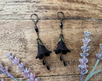 Whimsigoth Black Trumpet Flower Chandelier Earrings | Goth | Whimsical | Fairycore | Grunge
