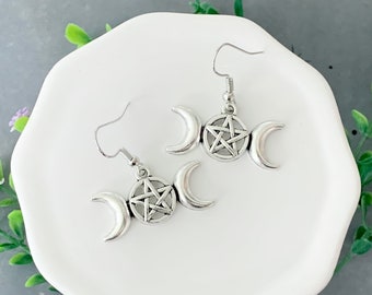 Handmade Pentacle Moon Trinity Earrings