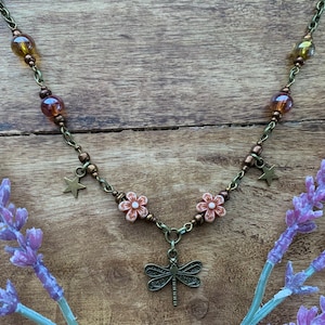 Whimsigoth Dragonfly Auburn Beaded necklace in Bronze | Fairycore | Whimsicle | naturalist |