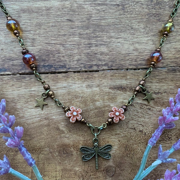 Whimsigoth Dragonfly Auburn Beaded necklace in Bronze | Fairycore | Whimsicle | naturalist |