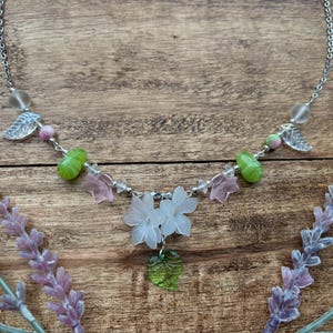 Whimsigoth Pink Lily and White Daisy Beaded Necklace in Silver with Green Accents | Fairycore | Naturalist