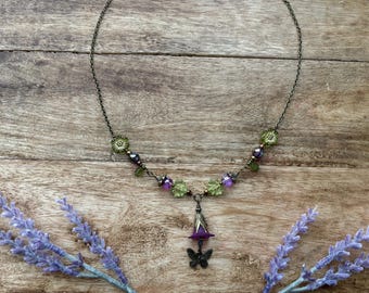 Whimsigoth Purple Tulip Flower Butterfly Beaded Necklace in Bronze| Fairycore | Gothic | Whimsitwee |