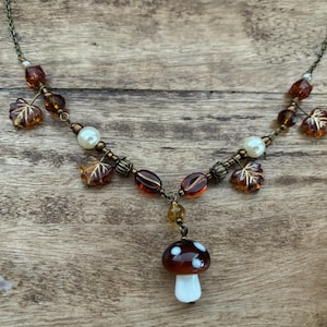 Whimsigoth Fall Maple Leaves Mushroom Beaded Necklace in Bronze | Goblincore | Cottagecore |