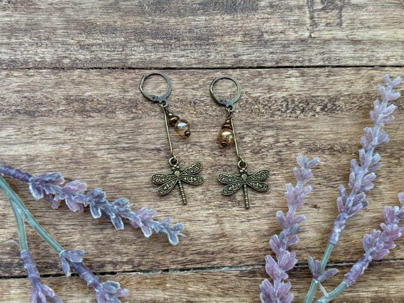 Whimsigoth Dragonfly Auburn Beaded necklace in Bronze | Fairycore | Whimsicle | naturalist | image 6