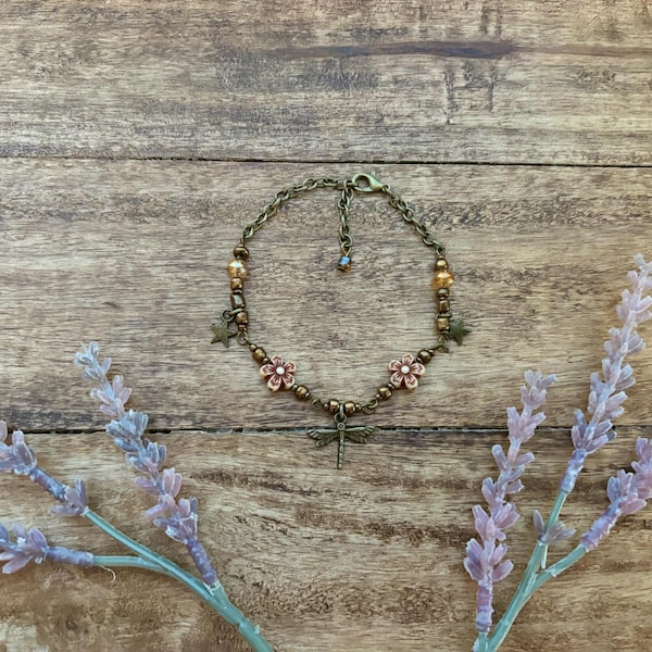 Whimsigoth Auburn Dragonfly Beaded Bracelet in Bronze | Cottagecore | Whimsitwee