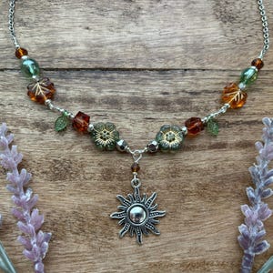 Whimsigoth Sun Auburn and Green Beaded Necklace with Leaf Accents in Silver| Celestial | Whimsitwee |