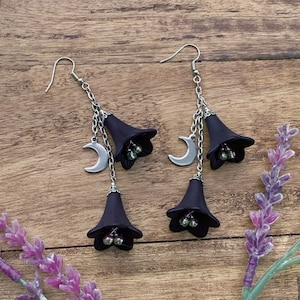 Gothic Floral Trumpet Flower Dangling Earrings with Moon Pendant | Grunge | Whimsigoth