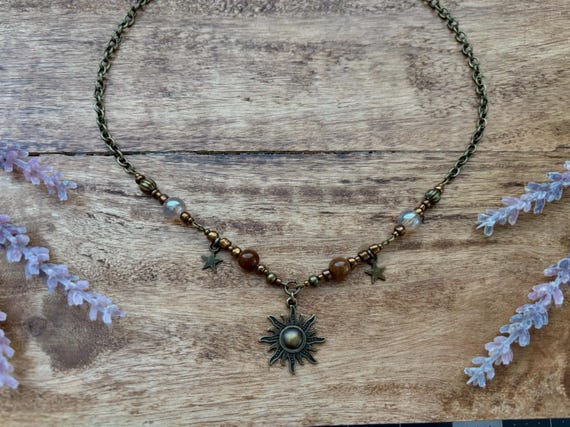 Whimsigoth Sun Auburn Beaded necklace in Bronze | Fairycore | Whimsicle | naturalist |
