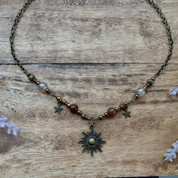 Whimsigoth Sun Auburn Beaded necklace in Bronze | Fairycore | Whimsicle | naturalist |
