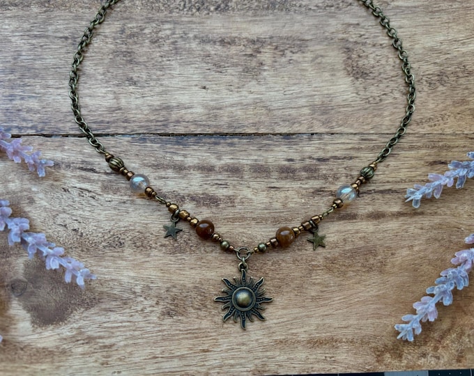 Whimsigoth Sun Auburn Beaded necklace in Bronze | Fairycore | Whimsicle | naturalist |