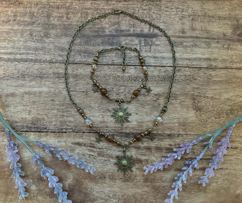 Collar Whimsigoth Sun Auburn con cuentas en bronce / Fairycore / Whimsicle / naturalista / Necklace+Bracelet