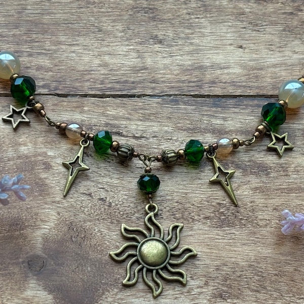 Whimsigoth Bronze Sun Deep Green Beaded Necklace with Star Accents | Celestial | Whimsical | Vampy Goth |