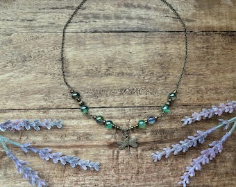 Whimsigoth Dragonfly green  Beaded necklace in Bronze | Fairycore | Whimsicle | naturalist |