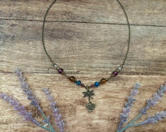 Coraline Inspired Button and Dragonfly Beaded Necklace in Bronze  | Whimsigoth | Alternative