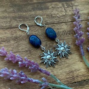 Whimsigoth Sodalite Chandelier Sun Pendant Earrings in Silver | Fairycore | Whimsical