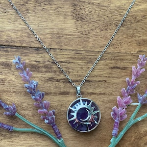 Celestial Sun moon crescent amethyst crystal necklace with stainless steel chain | Pagan | Witchcraft | Fairy