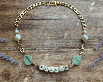 Decorative Beaded Pet Necklace in Gold | Custom Name Option