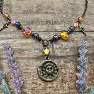 Whimsical Beaded Necklace Choker with Sun and Moon Pendant in Bronze | Fairycore | Whimsigoth | Wicca |
