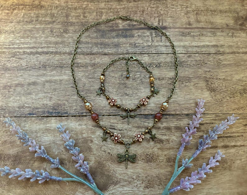 Whimsigoth Dragonfly Auburn Beaded necklace in Bronze | Fairycore | Whimsicle | naturalist | image 3