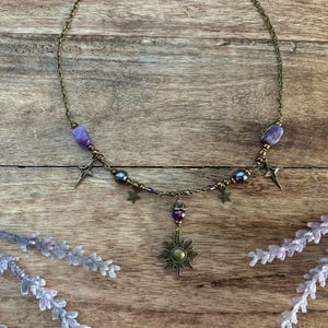 Amethyst Crystal Beaded Necklace Choker with Sun Pendant in Bronze | Fairycore | Whimsigoth | Wicca |