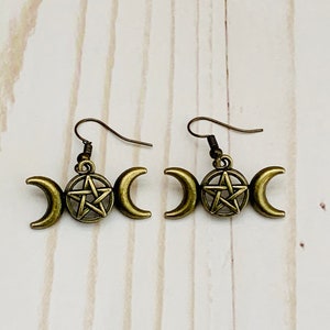 Bronze Goddess Moon Trinity Pentacle Dangling Earrings