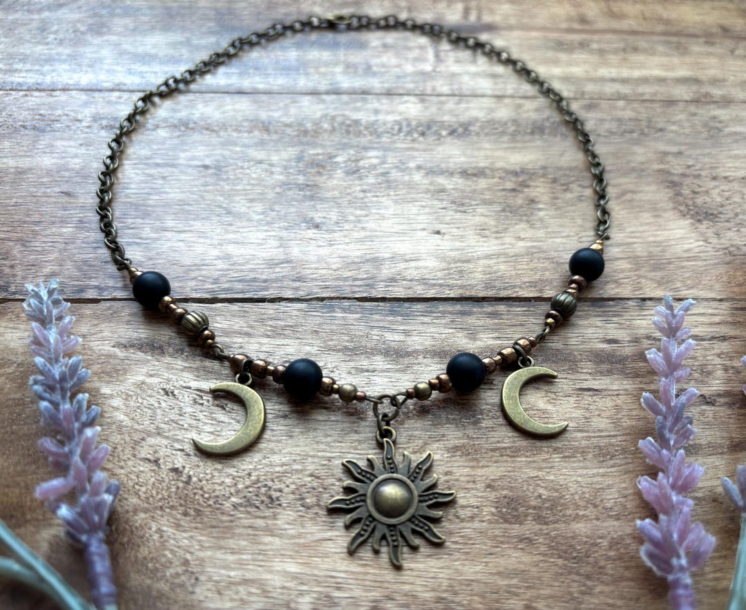Bronze Sun and Moon Beaded Necklace With Black Bead Accents ...