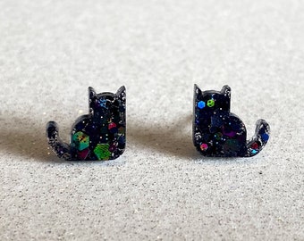 Handmade Cute Cat Stud Earrings, kitten earrings, fun glitter studs, gift for cat lady