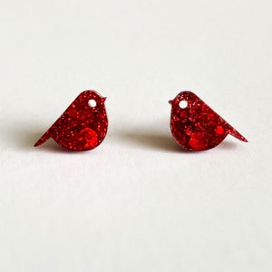 Red Cardinal Stud Earrings, gift for bird watchers, glitter bird earrings, Christmas holiday jewelry