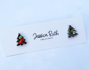 Tiny Handmade Christmas Tree Stud Earrings, festive cute holiday jewelry, pick your own color custom studs, winter and Christmas accessory