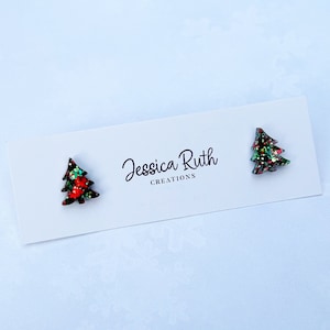 Tiny Handmade Christmas Tree Stud Earrings, festive cute holiday jewelry, pick your own color custom studs, winter and Christmas accessory