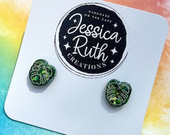 Handmade Glitter Monstera Plant Stud Earrings: Hypoallergenic Stainless Steel