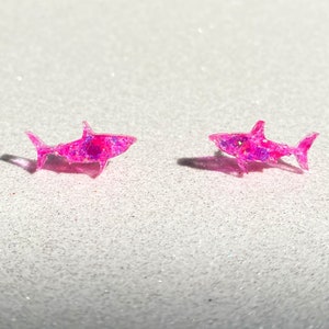 Shark Stud Earrings, hot pink shark studs, shark glitter earrings, gift for beach lover, shark week
