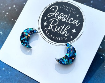 Handmade Blue Sparkly Crescent Moon Stud Earrings: Stainless Steel Posts