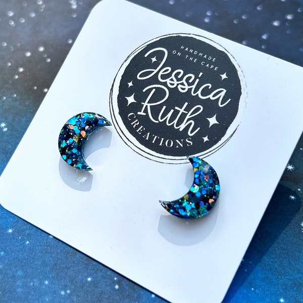 Big Handmade Blue Sparkly Crescent Moon Stud Earrings, hypoallergenic stainless steel posts, unique celestial jewelry