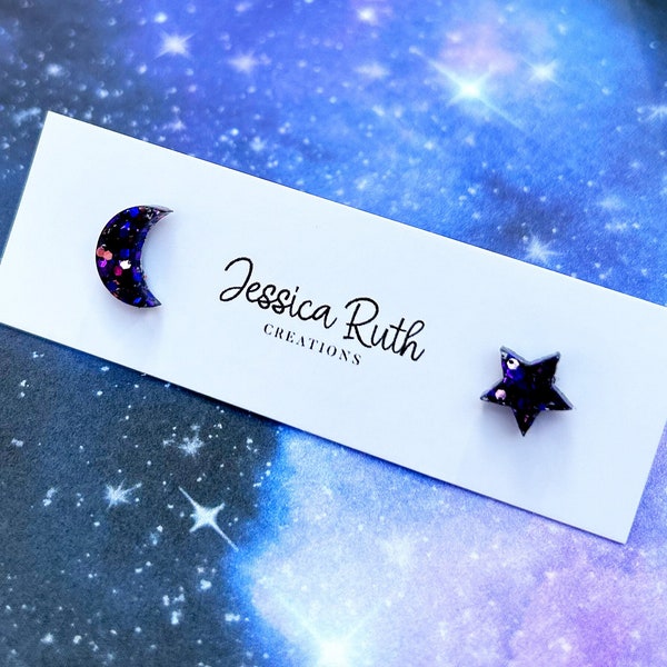 Small Handmade Moon and Star Stud Earrings, sparkly deep purple color mix with hypoallergenic stainless steel posts