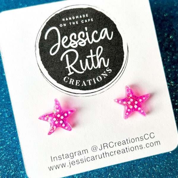 Handmade Starfish Beachy Glitter Stud Earrings, summer jewelry accessory, cute gift for beach lover