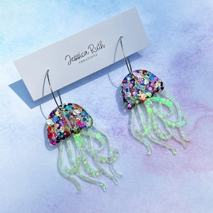 Handmade Rainbow Glow In The Dark Jellyfish Dangle Hoop Earrings, cute funky beachy earrings for the summer, hypoallergenic stainless steel