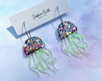 Handmade Rainbow Jellyfish Dangle Earrings, Glow In The Dark, Hypoallergenic Stainless Steel