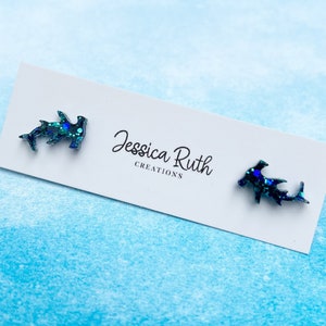 Handmade Blue Hammerhead Shark Stud Earrings, cute accessory for the beach, shark week, and summer